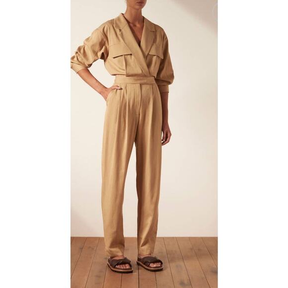 Shona Joy Sara Lapel Boiler Suit Jumpsuit Romper‎ Small Tan Camel Summer - Picture 1 of 8